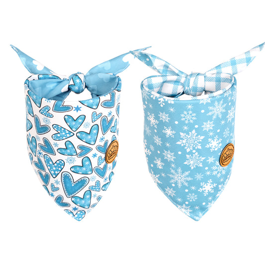 CROWNED BEAUTY Reversible Winter Dog Bandanas -Winter Hearts Set- 2 Pack for Medium to XL Dogs DB155-L