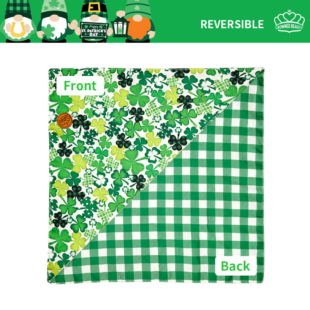 St. Patrick's Day Dog Bandanas 2-Pack Lucky Shamrocks Set, Reversible Green Plaid Adjustable Scarves for Medium & Extra Large Dogs