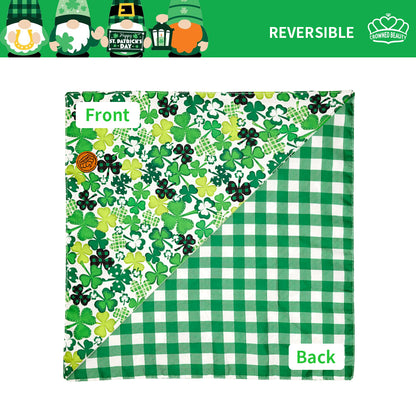 St. Patrick's Day Dog Bandanas 2-Pack Lucky Shamrocks Set, Reversible Green Plaid Adjustable Scarves for Medium & Extra Large Dogs