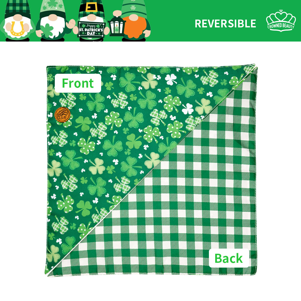 St. Patrick's Day Dog Bandanas 2-Pack Lucky Shamrocks Set, Reversible Green Plaid Adjustable Scarves for Medium & Extra Large Dogs