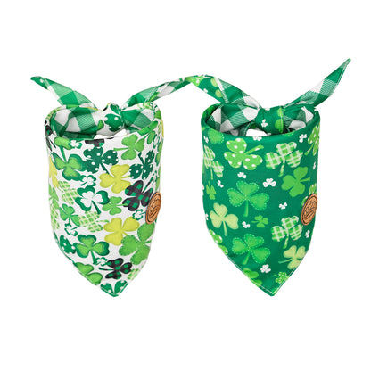 St. Patrick's Day Dog Bandanas 2-Pack Lucky Shamrocks Set, Reversible Green Plaid Adjustable Scarves for Medium & Extra Large Dogs