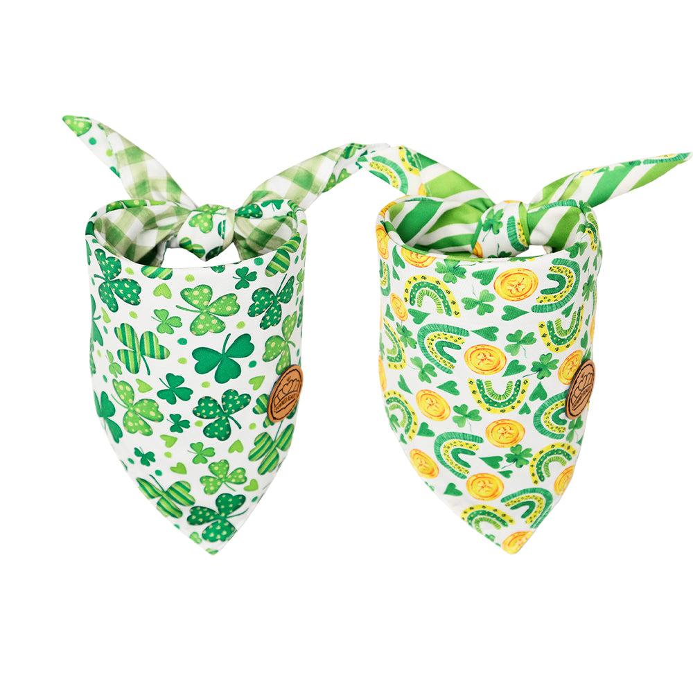 St. Patrick's Day Dog Bandanas 2-Pack Shamrocks & Gold Set, Reversible Green Plaid Triangle Scarves for Medium & Extra Large Dogs