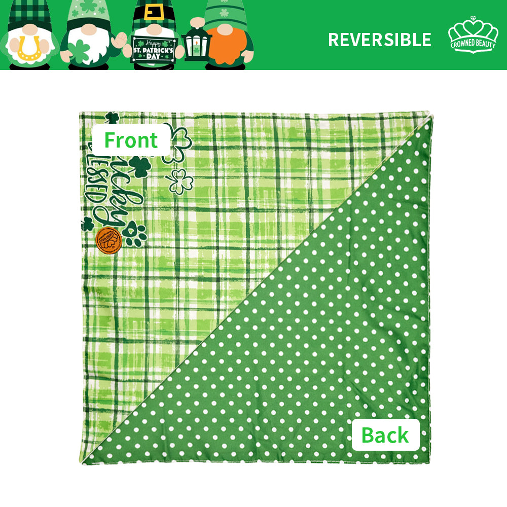 St. Patrick's Day Dog Bandanas 2-Pack Lucky & Blessed Set, Reversible Green Dots & Plaid Scarves for Medium to Extra Large Dogs