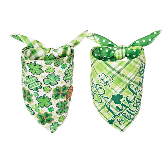 St. Patrick's Day Dog Bandanas 2-Pack Lucky & Blessed Set, Reversible Green Dots & Plaid Scarves for Medium to Extra Large Dogs