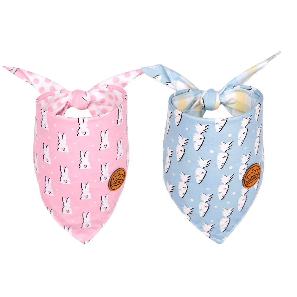 Easter Dog Bandanas 2-Pack Bunny Carrots Set, Reversible Pink & Blue Triangle Scarves for Medium to Extra Large Dogs