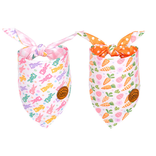 Easter Dog Bandanas 2-Pack Bunny Treats Set, Reversible Pink & Orange Triangle Scarves for Medium to Extra Large Dogs