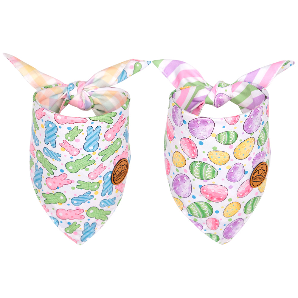 Easter Dog Bandanas 2-Pack Bunny Hop Set, Reversible Plaid & Stripe Adjustable Scarves for Medium & Large Dogs