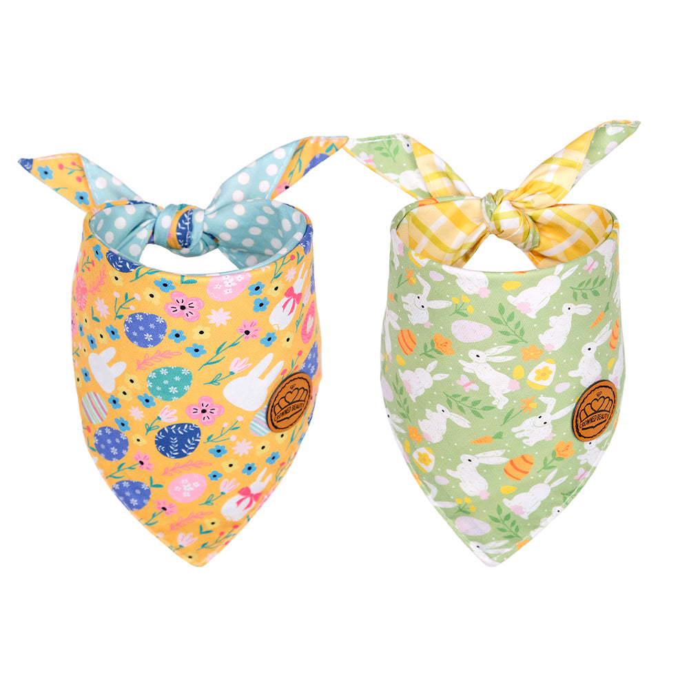 Easter Dog Bandanas 2-Pack Easter Joy Set, Bunny & Egg Reversible Triangle Scarves for Medium & Extra Large Dogs