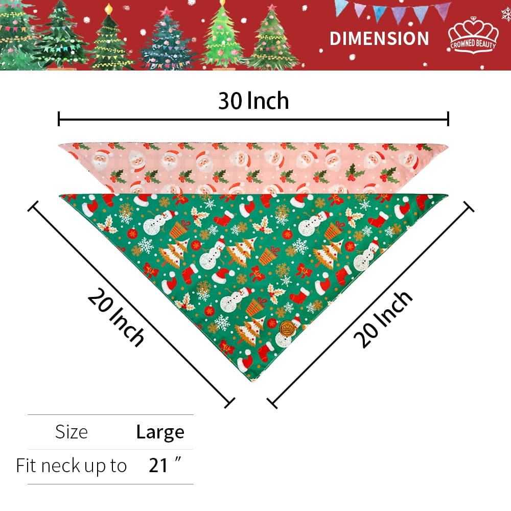 CROWNED BEAUTY Reversible Christmas Dog Bandanas - Santa Spruce Set-2 Pack for Medium to XL Dogs DB82