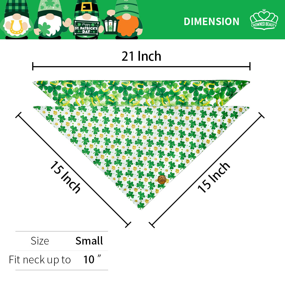 CROWNED BEAUTY Reversible St Patricks Day Dog Bandanas -Clover Charm Set- 2 Pack for Medium to XL Dogs DB92-L