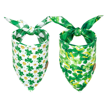 CROWNED BEAUTY Reversible St Patricks Day Dog Bandanas -Clover Charm Set- 2 Pack for Medium to XL Dogs DB92-L