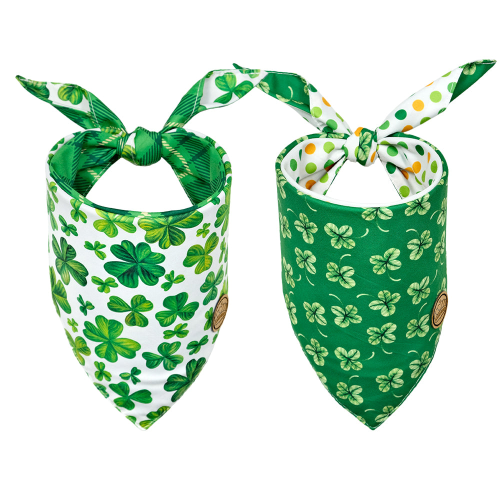 CROWNED BEAUTY Reversible St Patricks Day Dog Bandanas -Clover Chic Set- 2 Pack for Medium to XL Dogs DB96-L