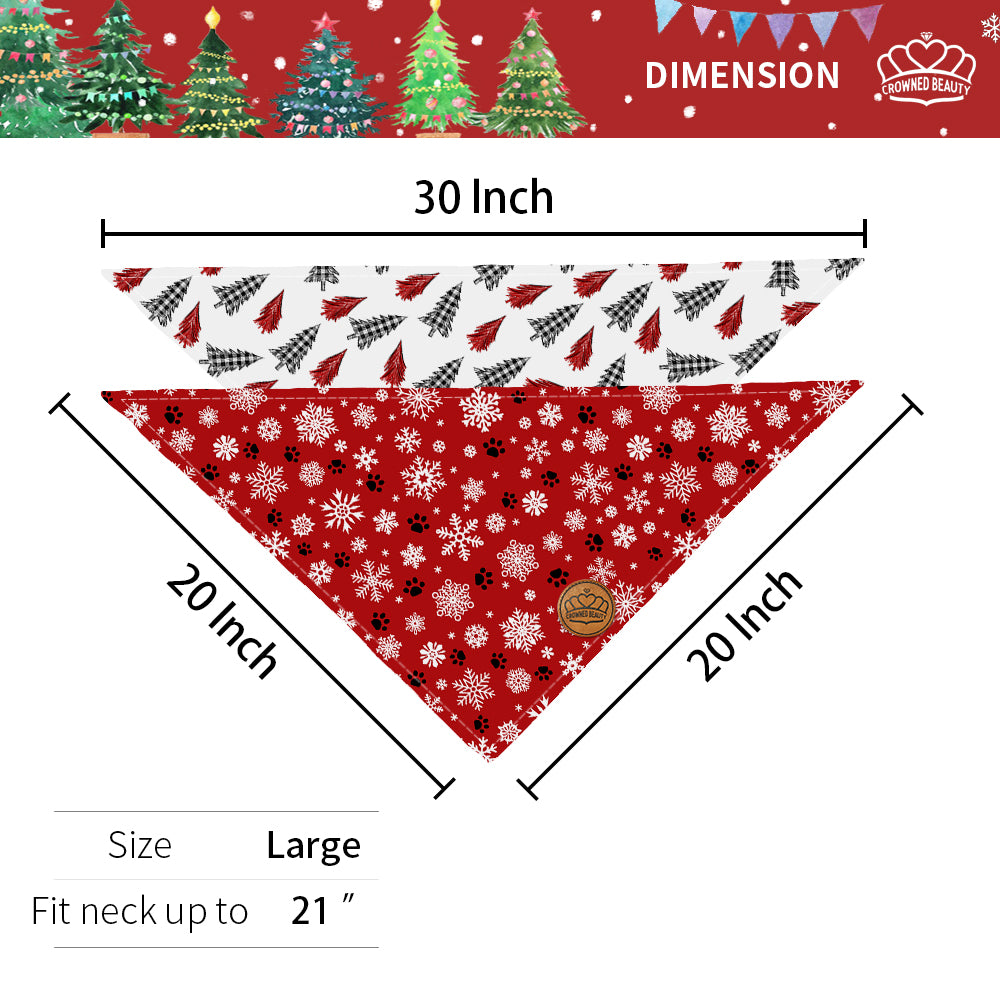 CROWNED BEAUTY Christmas Reversible Dog Bandanas Large 2 Pack,SnowTree Set,DB01